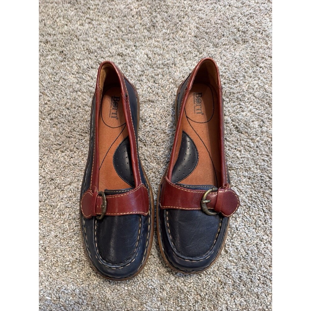 Born Mindy Womens Navy Blue Brown Leather Buckle Strap Opanka Flats Loafers Sz 9